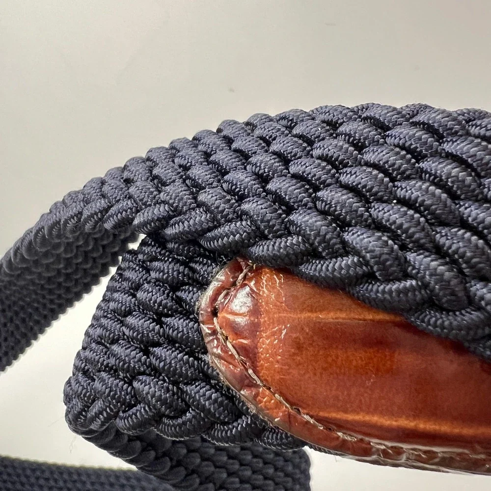 Brighton Navy Braided Cord Brown‎ Croc Leather Belt Solid Brass Buckle USA